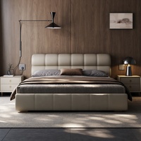 Lit plateforme moderne de luxe en cuir capitonné, taille King, avec tête de lit rembourrée arrondie