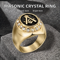 Bague maçonnique classique en acier inoxydable plaqué or 18 carats avec cristal créé en laboratoire, marque unisexe, approvisionnement direct usine