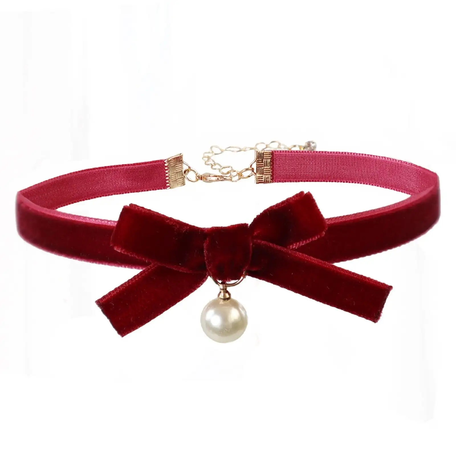Aksesoris perhiasan antik baja tahan karat warna merah hitam bahan beludru busur kalung Choker natal wanita dengan mutiara