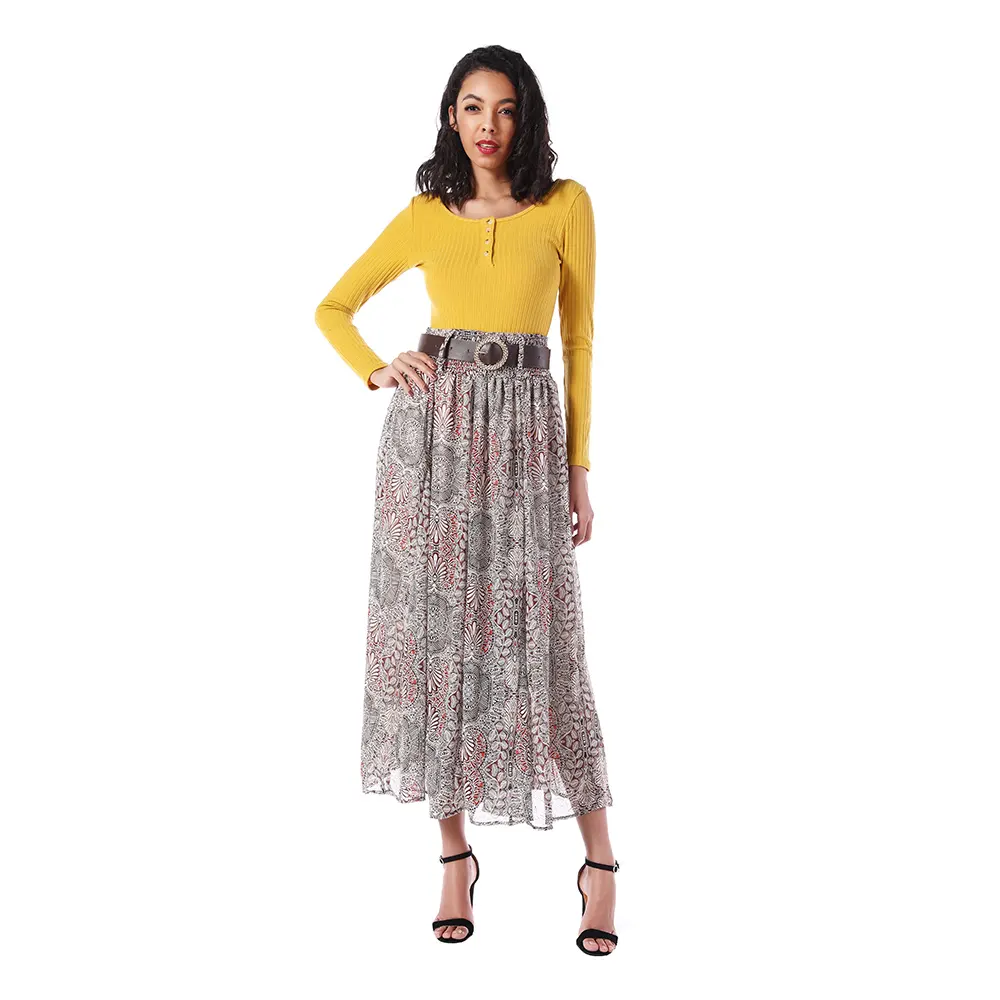 New Wholesale Floral Print Skirt Elastic Waist Ankle Length Gold Stamping Chiffon Women vintage Skirt