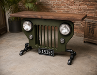 Table console industrielle vintage inspirée des Jeeps, avec plateau en bois, meubles de style automobile pour salon et bureau