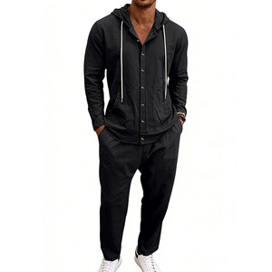 Set da <span class=keywords><strong>uomo</strong></span> per tutte le stagioni, composto da <span class=keywords><strong>camicia</strong></span> a maniche lunghe con cappuccio in <span class=keywords><strong>lino</strong></span>, vestibilità comoda, <span class=keywords><strong>e</strong></span> <span class=keywords><strong>pantaloni</strong></span> a gamba larga. - Product Image 2