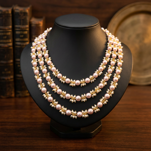 Luxury 3 Layer Pink Pearl Beaded Necklace Set Gold Plated Floral <b>Spacer</b> Beads Bridal Wedding Jewelry for Women - Product Image 1