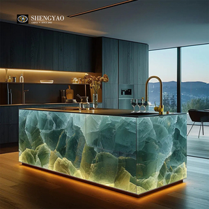 Encimera de Barra de Cocina con Cascada, de Piedra Translúcida de Resina de Cuarzo Cristal Verde Iluminado - Product Image 1