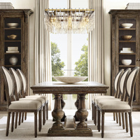 Table à manger opulente en chêne américain style RH, bureau de banquet extensible sur mesure, moulures dentelées de luxe, bois massif imposant