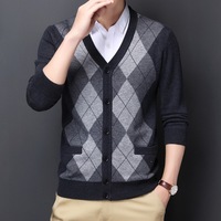 Cardigan en tricot jacquard à col en V pour homme, à boutons, manches longues, deux poches latérales, coupe classique, pour le travail, automne-hiver, pull chaud