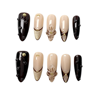 Ongles Press-on Faits Main en PMMA, 10 Pièces, Personnalisables, Stiletto Moyen, Marron Ambré, Fleur 3D, Goutte de Rosée Dorée, Ongles de Luxe à Coller avec Colle