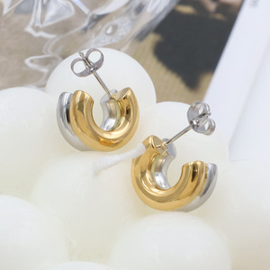 Trendy Two-Tone C-Shaped Huggie Earrings Geometric Stainless Steel For Women - Product Image 4