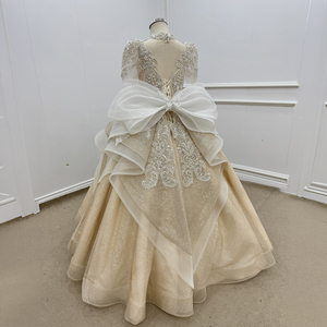 Robe de demoiselle d'honneur Wn1798 Champagne, style princesse, ornée de perles, longueur ras du sol, col montant, 100% Polyester, pour mariage d'enfants avec traîne - Product Image 5