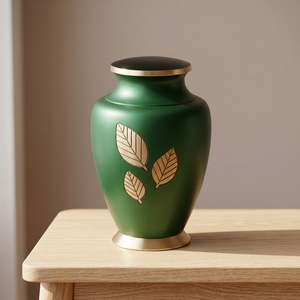 Urne funéraire en aluminium vert gravée feuille d'or, vase commémoratif rond pour table ou sol, souvenir personnalisé, décoration - Artisanat indien pour la maison - Product Image 1