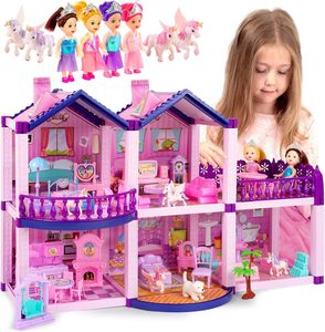 Casa delle bambole con 4 principesse, 4 unicorni, cane, mobili e accessori - Casa delle bambole rosa e viola da sogno per bambine - Product Image 1