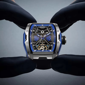 BG5501 montre allemande squelette mécanique automatique pour hommes résistant à l'eau lumineux en forme de tonneau cristal saphir incurvé - Product Image 2