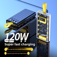 Batterie externe transparente en plastique avec câble intégré, charge rapide 120W, 10000mAh, 20000mAh, pour partage