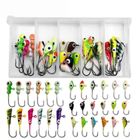 Kit de 30 leurres de pêche sur glace phosphorescents, 5 styles, 1,3-1,8g, hameçons à tête plombée en boîte, pour la pêche en eau douce en hiver (perche, crappie)