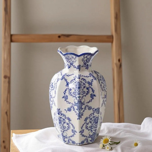 <span class=keywords><strong>Vaso</strong></span> Ottagonale in Ceramica YHM Blu e Bianco, Finitura Smaltata Dipinta, Contenitore per Fiori in Stile Cinese Vintage per Soggiorno - Product Image 1