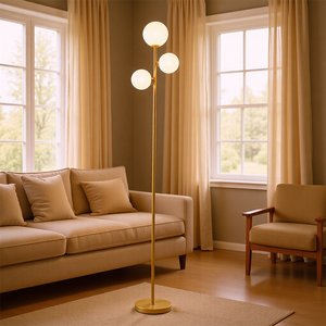 Lampe sur pied à trois têtes d'Amazons, avec une <span class=keywords><strong>boule</strong></span> en verre blanc laiteux <span class=keywords><strong>doré</strong></span> moderne et simple, avec une ampoule G9 à intensité variable, un style nord-américain - Product Image 1