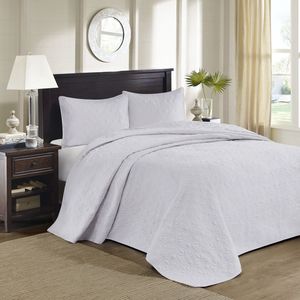 DB Reversible <b>Bedspread</b> Set White Queen Size Floral and <b>Quilted</b> Pattern Cotton and Polyester for Home Use or Hotels - Product Image 1