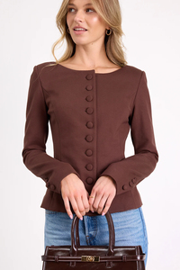 Women's Brown Square Collar <b>Blazer</b> Full Sleeve Button Front Anti-Wrinkle Solid Color Autumn Wear - Product Image 1