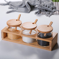 Pot d'assaisonnement en bois de bambou transparent de style japonais Boîte de rangement de cuisine anti-poussière pour sucre, sel et épices