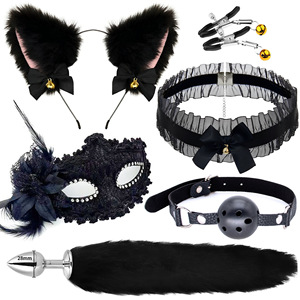 Sexe adulte ensemble 5 pièces chat noir oreille dentelle masque pour les yeux jouer bouche balle bdsm métal plug anal queue de renard - Product Image 1