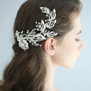 批发时尚手工银叶花式婚礼发夹新娘水晶花发夹为妇女