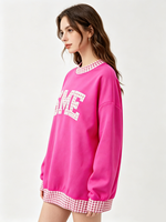 Sudadera Personalizada para Mujer con Apliques de Letras, Diseño a Cuadros con Bloques de Color, Cuello Redondo, Manga Larga, Estilo Casual Urbano