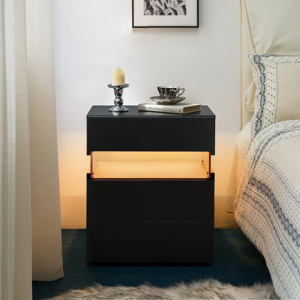 LED Nightstand 3 Drawer Dresser With Acrylic Board <b>Bedside</b> <b>Table</b> Black Bedroom Storage Drawer Unit - Product Image 1