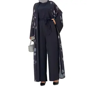 Groothandelsprijs Nieuwe Bloemenprint Lange Jas Mode Elegant Dames Tweedelig Pak Voor Moslim Bescheiden Boerka Abaya Robe Cabaya