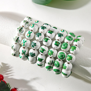 St. Patrick's Day White Wooden <b>Bead</b> <b>Bracelet</b> Green Hat Shamrock Design Women's Jewelry Round Shape Fashion <b>Bracelet</b> - Product Image 1