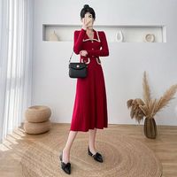 Robe longue élégante en maille patchwork à manches longues pour femme 2026