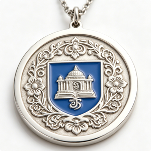 Médaille circulaire plaquée argent avec bouclier en émail bleu et motif floral pour l'occasion de remise des diplômes - Product Image 6