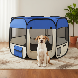 Recinto per cani blu e crema 35,4 x 35,4 x 22,8 pollici in poliestere e acciaio, traspirante, per interni - Product Image 2
