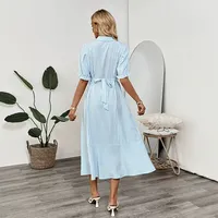 Robe chemise en polyester à manches bouffantes rayées, coupe ajustée, pour femmes, toutes saisons, en bleu, style bureau