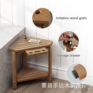Leda Wooden Bathroom Stool <b>Storage</b> <b>Rack</b> Solid Wood Triangular Double Layer <b>Shower</b> Seat Organizer For Bath And <b>Shower</b> Use - Product Image 3