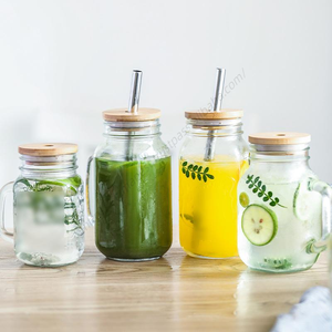 En gros DD1812 Gobelets et tasses en verre de 16oz pour café glacé, smoothies et boissons, avec pailles et couvercles, style bocaux Mason avec poignée - Product Image 1