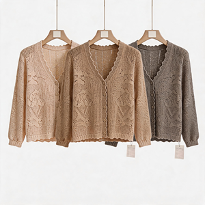 Hochwertiger Alabaster-Cardigan mit Muschelkanten-Wellenmuster, V-Ausschnitt, Dreiviertelärmeln und Spitzenverzierung, Weicher Damen-Pullover - Product Image 2