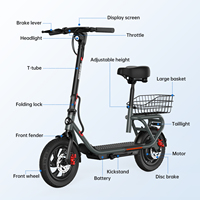 Scooter Eléctrico Plegable de 12 Pulgadas con Asiento Delantero y Trasero, Canasta de Carga para Desplazamientos y Compras