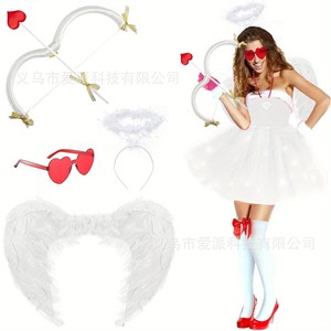 Cupid Angel Feather Wings Set With Heart Glasses Halo And <b>Bow</b> For Valentine'S Day Photo Props Costume Accessory - Product Image 1