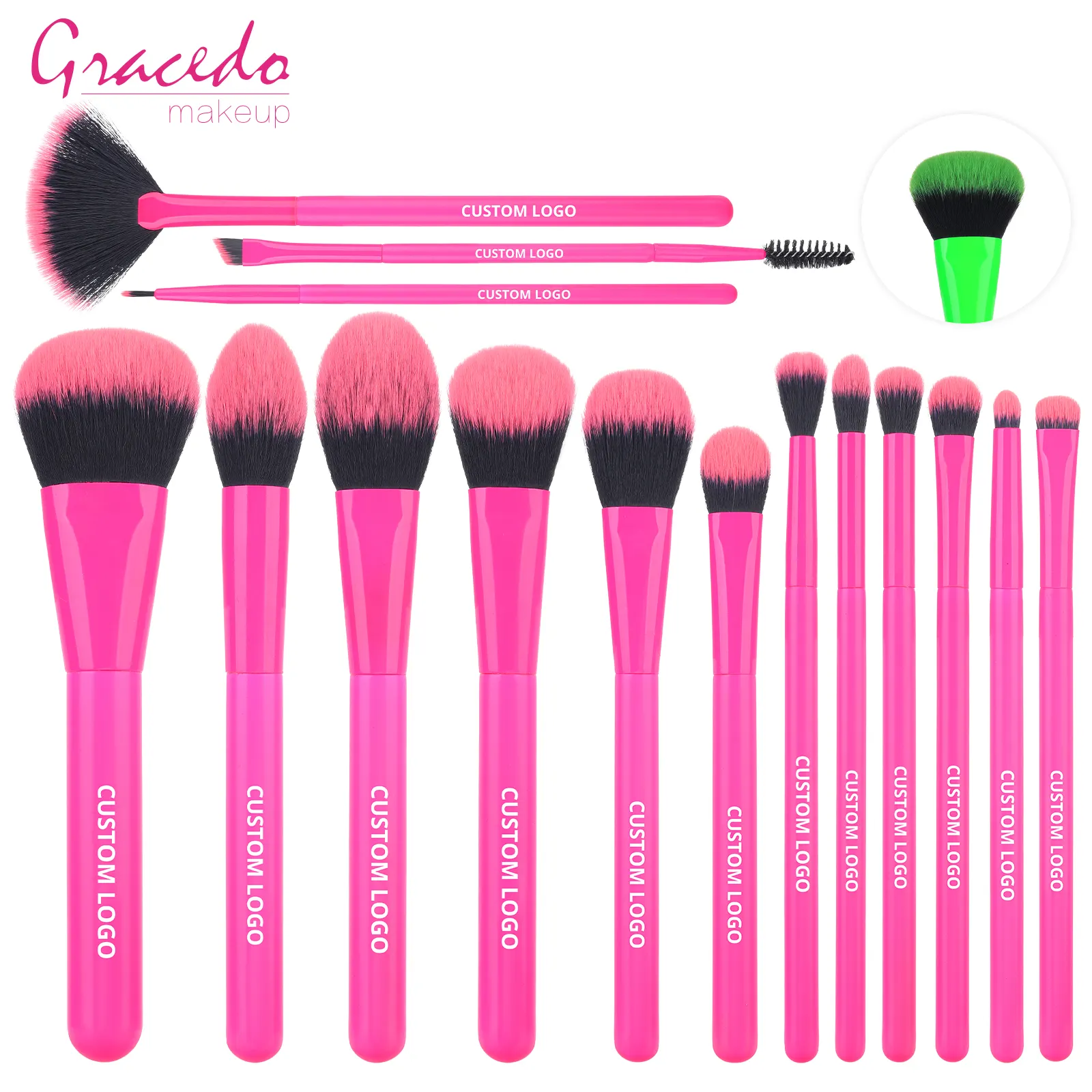 Gracedo 15PCS Customize Private Label Make Up Tools Green Professional Makeup Brushes Powder Cosmetic Brush Beauty Accessories