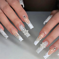 Faux ongles à presser en PMMA, motif léopard français et fleur 3D, couleur nude, faits main, réutilisables, forme amande, pour manucure longue