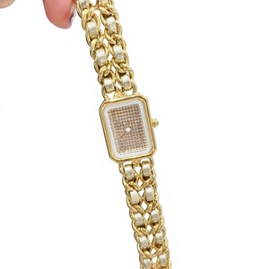 Ladies Pavé Dial Quartz <b>Watch</b> Rectangular Case Leather-Inlaid Gold Tone Chain Band Stylish Dress Wristwatch - Product Image 1
