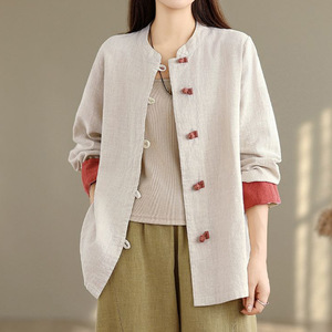 Chinese Style Color Blocked Button Down Long Sleeve Shirt <b>Women</b> Cotton <b>Linen</b> Top Spring Autumn <b>Cardigan</b> Jacket Orange Brown - Product Image 3