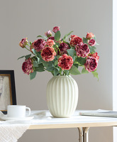 O-X975 Grosir Bunga Peony Buatan Tangan 3 Kepala dengan Pinggiran Halus, Bunga Sutra Eropa Putih Pink, Bunga Peony Palsu untuk Dekorasi