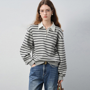 Vega chang của phụ nữ giản dị quá khổ màu xám và đen sọc áo với một nửa zip phía trước Polo Cổ Áo Hoodie Áo nỉ - Product Image 1