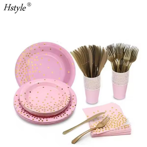 Hstyle Venta caliente Juego de vajilla de papel de Oro Negro Punto dorado Servilletas de fiesta Tazas Suministros SPT282 para juegos de vajilla de boda - Product Image 3