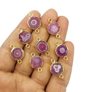 Quartz solaire rouge plaqué or, forme ronde de 13-14 mm, connecteur pour la fabrication de bijoux, breloques pour collier, breloques pour boucles d'oreilles - Product Image 1