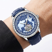 Nouvelle Arrivée Montre Mécanique Automatique pour Homme, Cadran Creux Cartographique, Lunette Sertie de Diamants, Bracelet en Cuir, Étanche, Montre-Bracelet de Costume Professionnelle