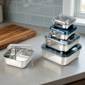 Contenedor de Alimentos Moderno y Clásico de Acero Inoxidable, con Tapa Acrílica Azul y Acabado Brillante, Ecológico, para Almacenamiento en la Cocina - Product Image 3