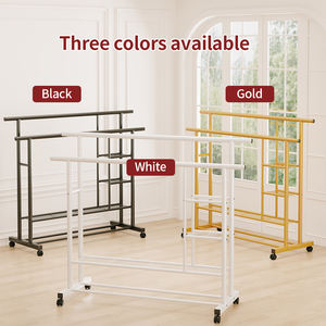 厚手の金属製ダブルロッド衣類ラックボトム<span class=keywords><strong>2</strong></span>面棚付き多機能ホイール付きモダンなリビングルーム収納 - Product Image 6