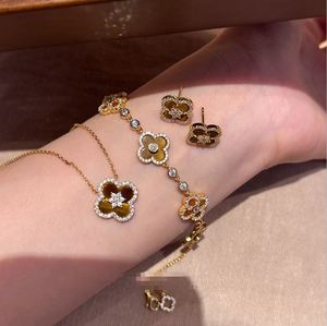 High-End Fashion Jewelry <b>Set</b> Trendy Tiger Eye Four-leaf Clover Necklace Earrings <b>Bracelet</b> Personalized - Product Image 1